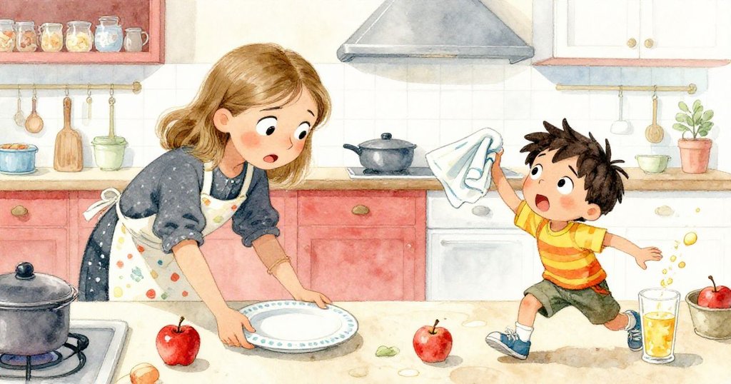 Nora奮力彎膝穩定滑動托盤,Leo急忙投下寬布止住濺出的蘋果汁,兩人表情專注,現場緊張。