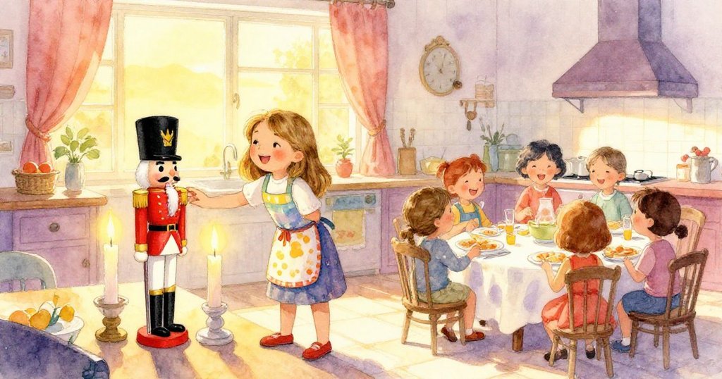 在夕陽餘暉中廚房溫暖明亮,Nora將小玩具士兵擺於燭光旁,堂兄弟笑語盈盈,晚餐氛圍溫馨歡樂。