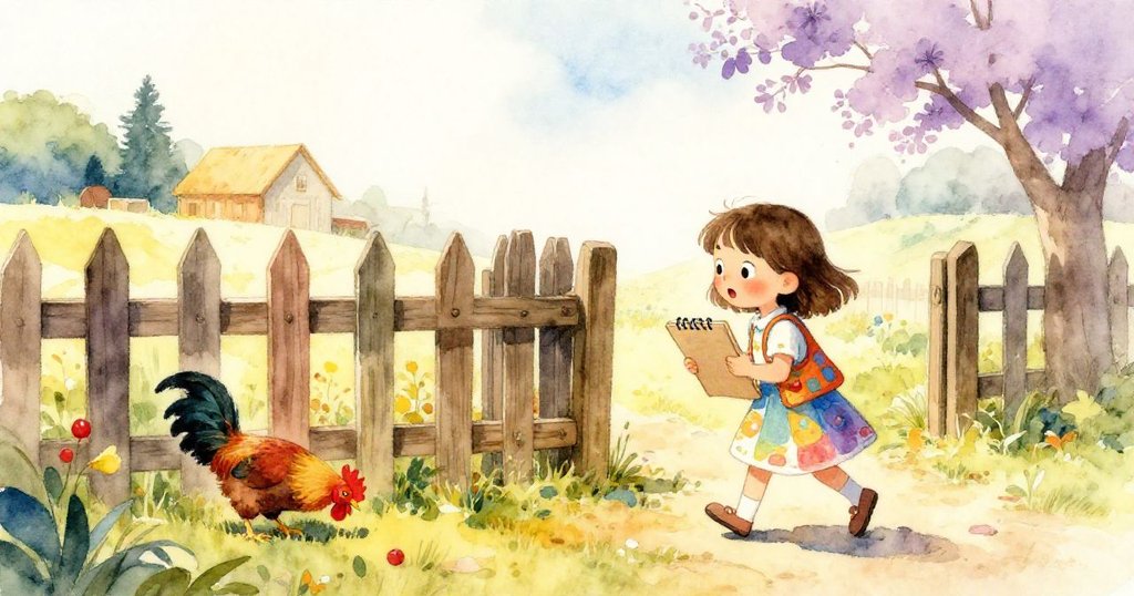米婭穿著彩色衣裳走向老籬笆，手持畫板，在晨光普照的農場中充滿期待與活力。