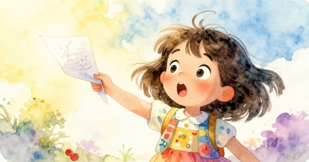 米婭驚訝地凝視飛走的畫紙，臉上展露出驚奇與興奮，細緻描繪表情特寫。