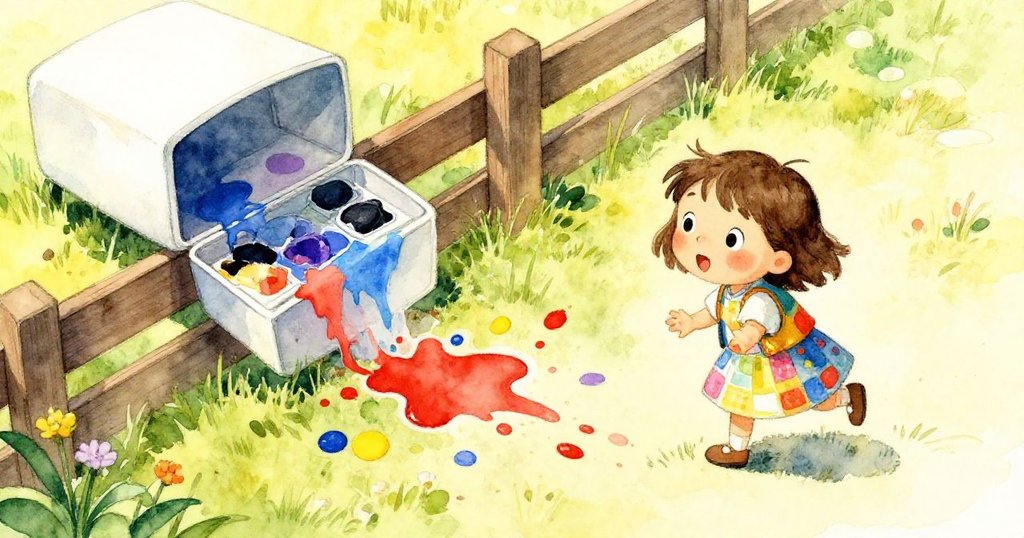 從高處俯視展現彩漆濺出的紛亂場景，米婭蹲下彎腰仔細檢視傾翻的顏料盒與斑斕痕跡。