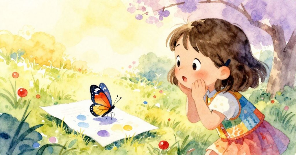 米婭微笑著注視蝴蝶輕降於彩漆斑斕的紙面上，溫暖陽光與春日氣息交織成祥和美景。