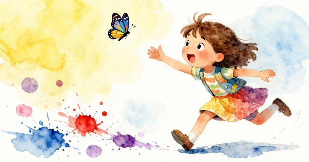 米婭伸手追逐輕快飛舞的蝴蝶，彩漆紙上呈現動感流水般的色彩，充滿活力與歡樂節奏。