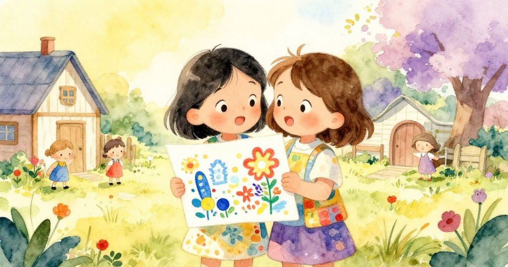 米婭面帶喜悅微笑舉起完成的彩繪作品，在明媚日光中向農場告別，溫馨而充滿創意。