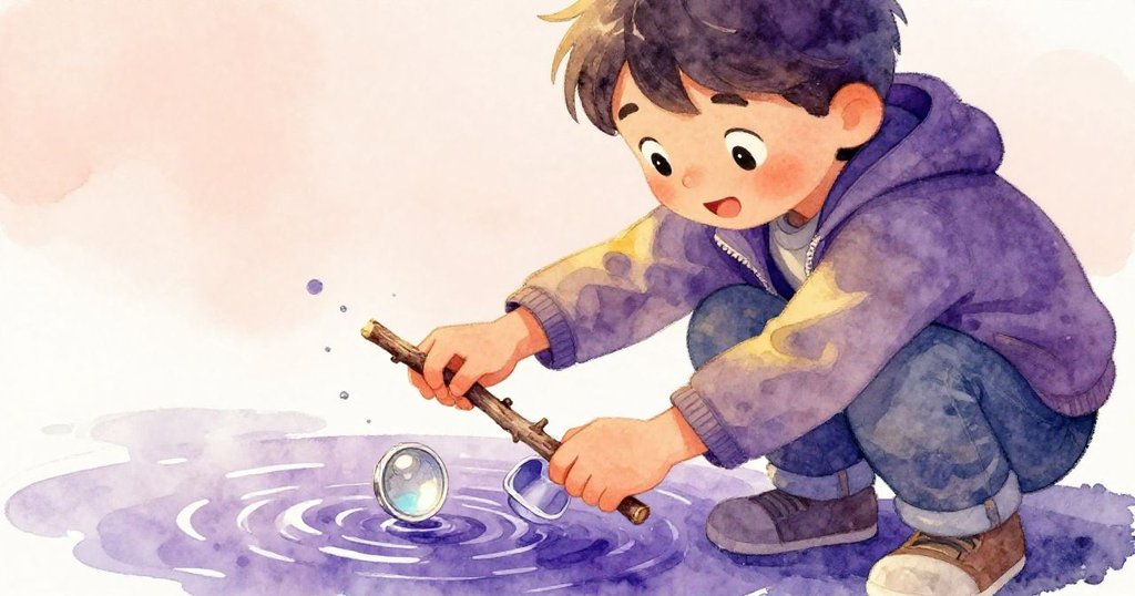 Milo 膝跪池邊，用樹枝小心撥開濕鏡頭蓋，意外發現閃亮銀幣，表情專注且充滿驚喜。