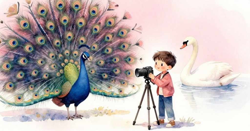 Milo 聚精會神調整三腳架，相機對準展翅孔雀，同時遠處天鵝靜靜掠過水面，充滿驚奇與專注之情。