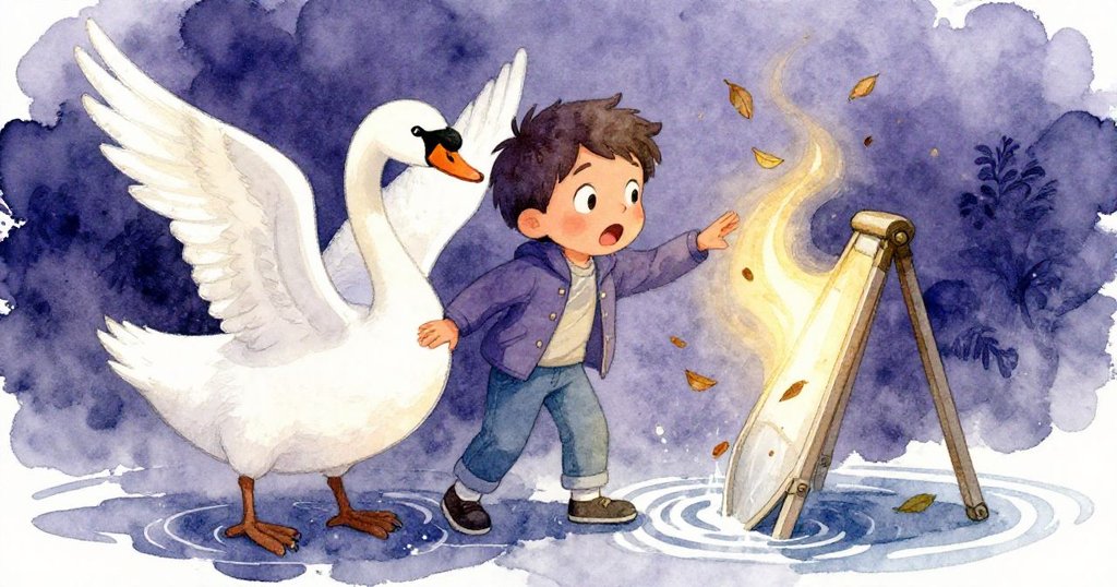 Milo 因天鵝輕拂腿部而猛然側身，三腳架翻倒，水面激起漣漪與落葉飛舞，臉上寫滿驚訝。