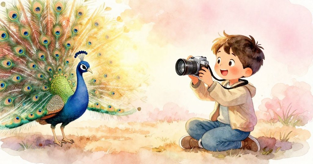 Milo 輕鬆將銀幣收入口袋，臉上露出勝利喜悅再度架起三腳架捕捉孔雀燦爛尾羽，陽光明媚。