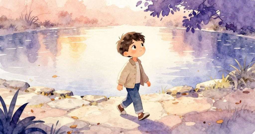 Milo 沿著石徑緩步前行，池面恢復平靜，落葉靜躺水上，呈現出一天拍攝後的滿足與寧靜心情。