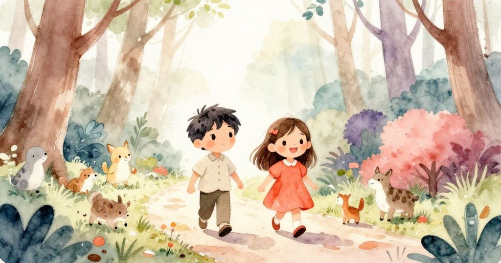 米洛與薩拉在晨光中漫步於濕潤的森林小徑，伴隨眾多活潑小動物，表情充滿期待與快樂。