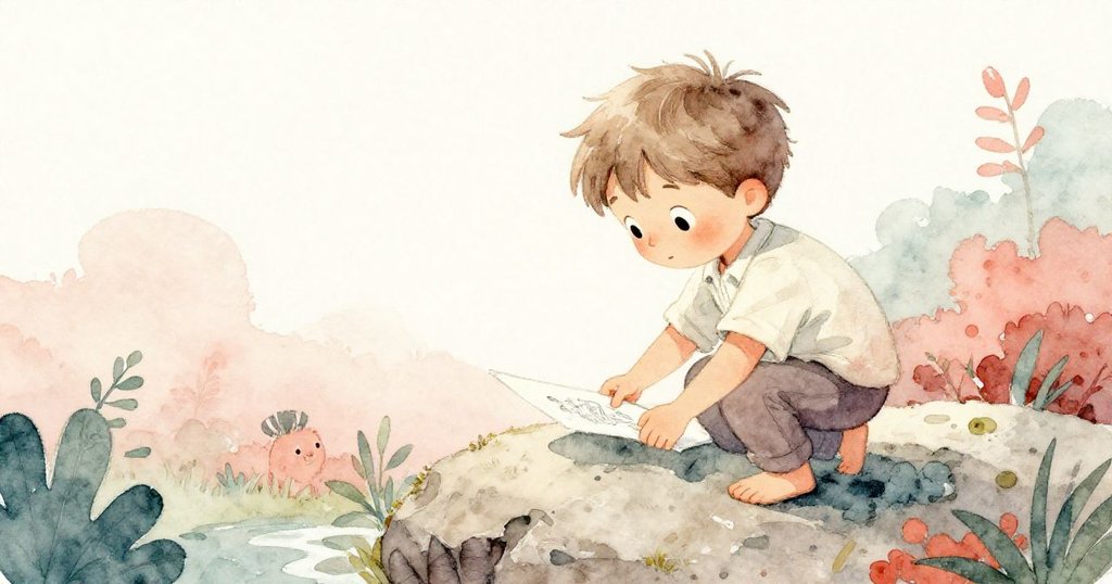 米洛將素描本小心放在石邊，光滑岩石旁濕潤落葉上留下一串清晰足跡，充滿探險趣味。