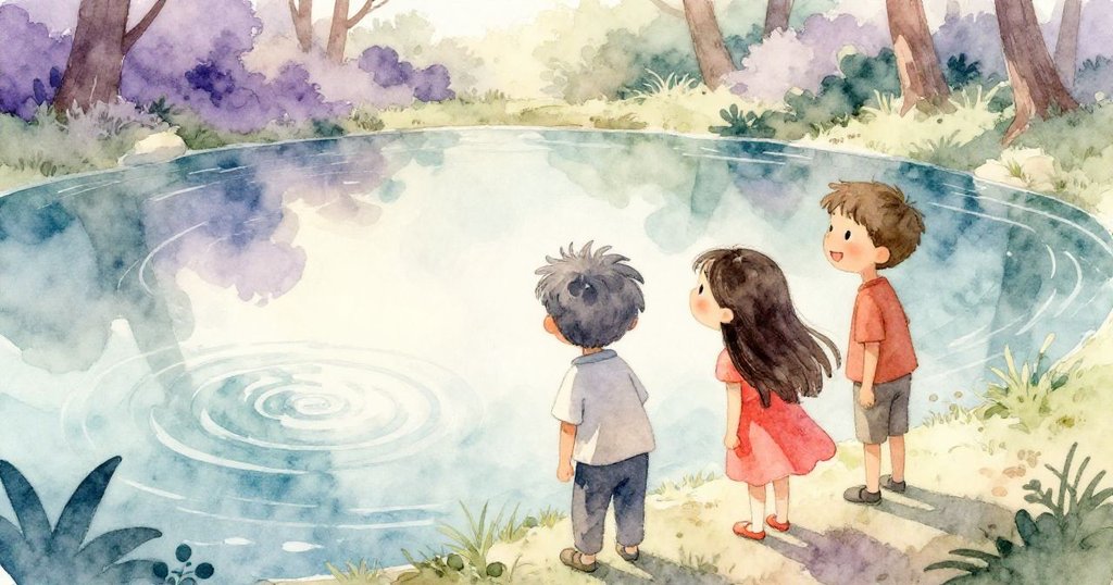 米洛與薩拉在寧靜池塘邊停步，圓形漣漪映出柔和雲朵，水面猶如透明窗戶，充滿奇妙發現。