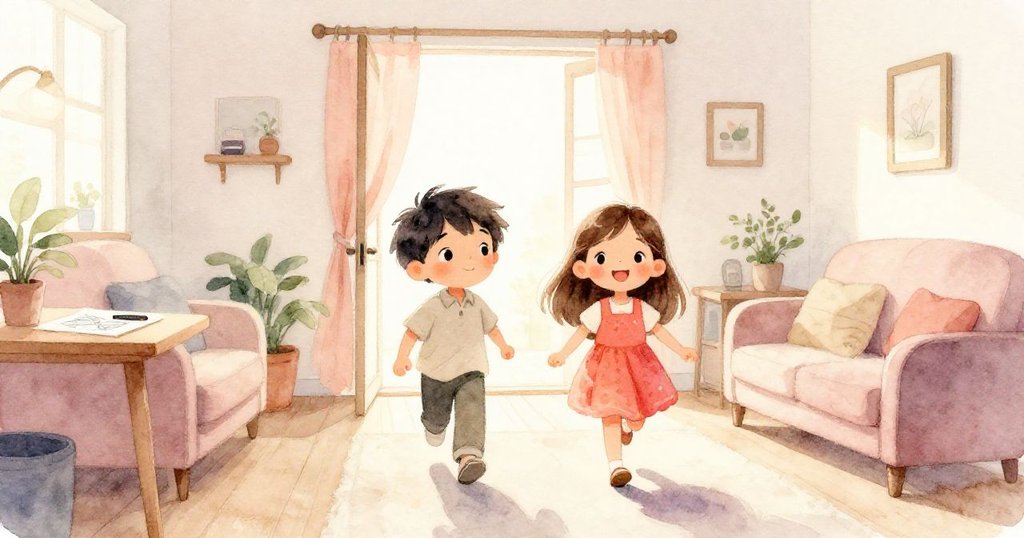 米洛與薩拉走進溫馨家中，室內柔和光線映照出家居細節，二人臉上滿溢安心與喜悅。