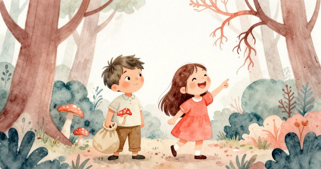 米洛將珍貴蘑菇收進袋中，薩拉歡笑著指向漂浮根，二人於森林中互動展現純真探險樂趣。