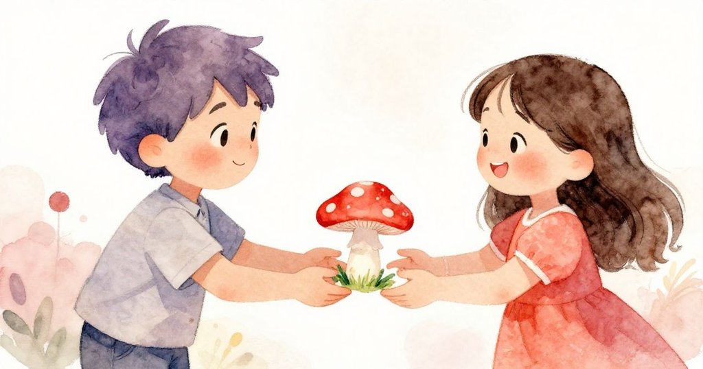 米洛溫柔地將彩色蘑菇畫作遞給薩拉，薩拉滿臉驚喜與感恩，表現出深厚友情與共享冒險的美好時光。