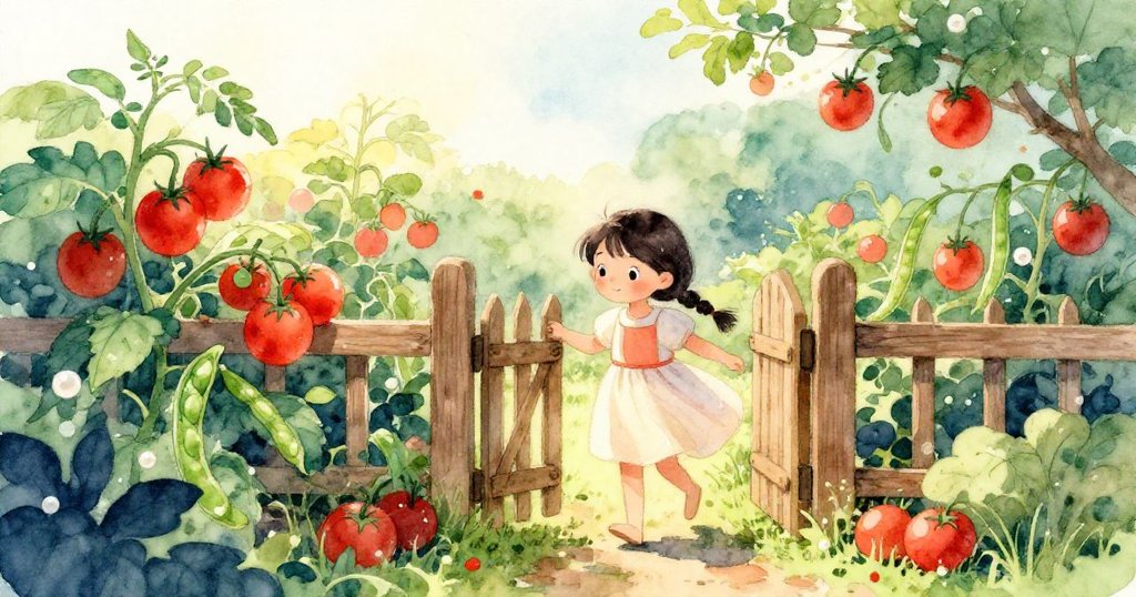 Mira穿著亮色連衣裙走入溫暖花園，經木門迎接夕陽，周圍有明亮番茄與綠豆，臉上充滿好奇微笑。