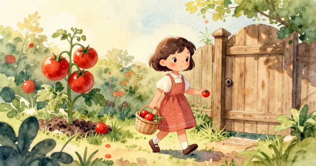 Mira的手輕觸鮮紅番茄，細膩展示籃子邊緣與綠藤，充滿溫柔期待與認真細選。