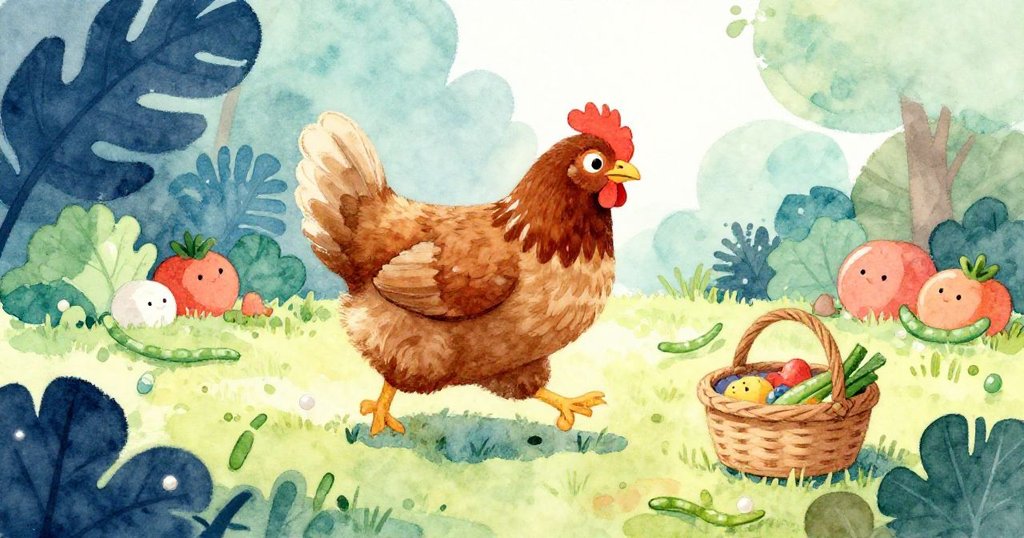 棕色小雞快速衝向Mira的籃子，拍動翅膀觸碰蔬菜散落，動感十足讓場景頓生活力。