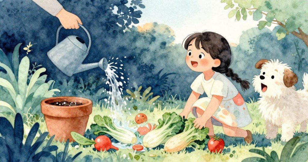 水盆傾瀉使濕蔬菜散落，Mira歡笑著彎腰整理，驚醒的狗吠叫，場景充滿動感與柔和黃昏光線。