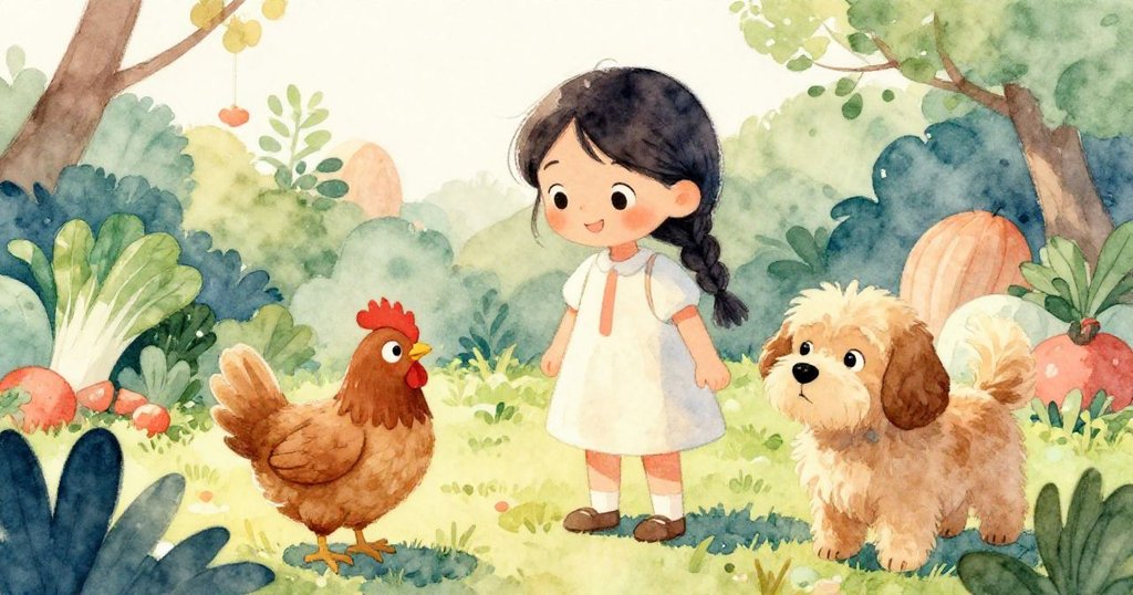 Mira與小雞、狗在亂中重聚歡笑，溫柔夕陽映襯下和諧場面，散落蔬菜更襯出寧靜喜悅。