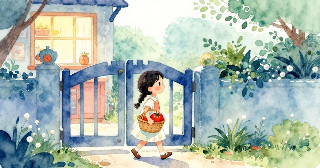 Mira滿懷喜悅走出花園，籃中番茄光澤動人，閉合花園大門與廚房窗燈交映，情節溫馨圓滿。