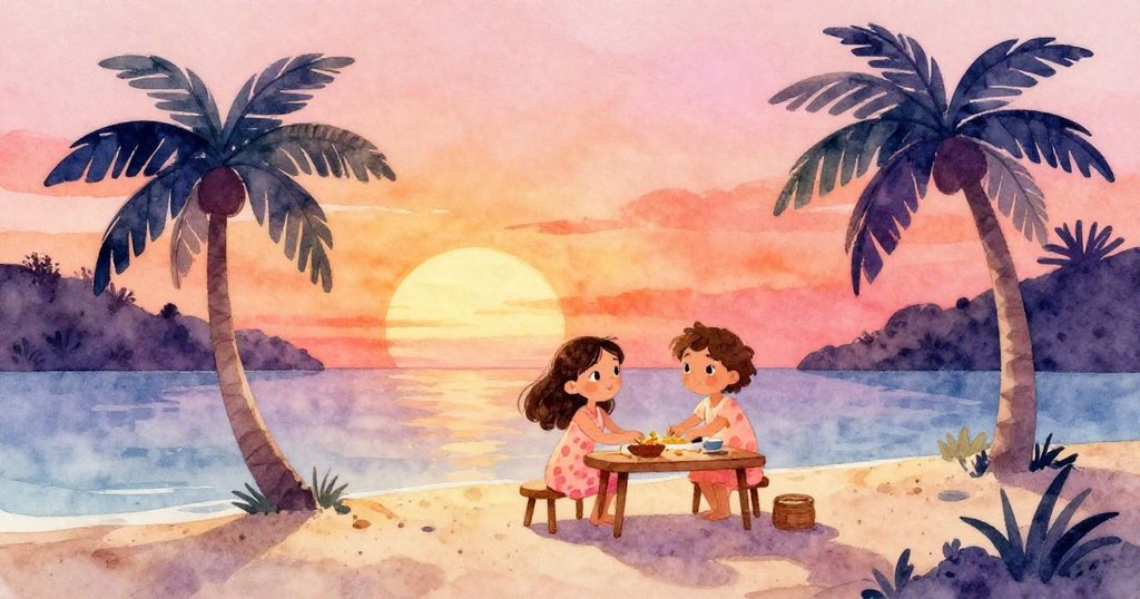 Ruby在靜謐潟湖沙島上設置桌子，夕陽映照棕櫚樹，神情期待，開啟冒險之旅。