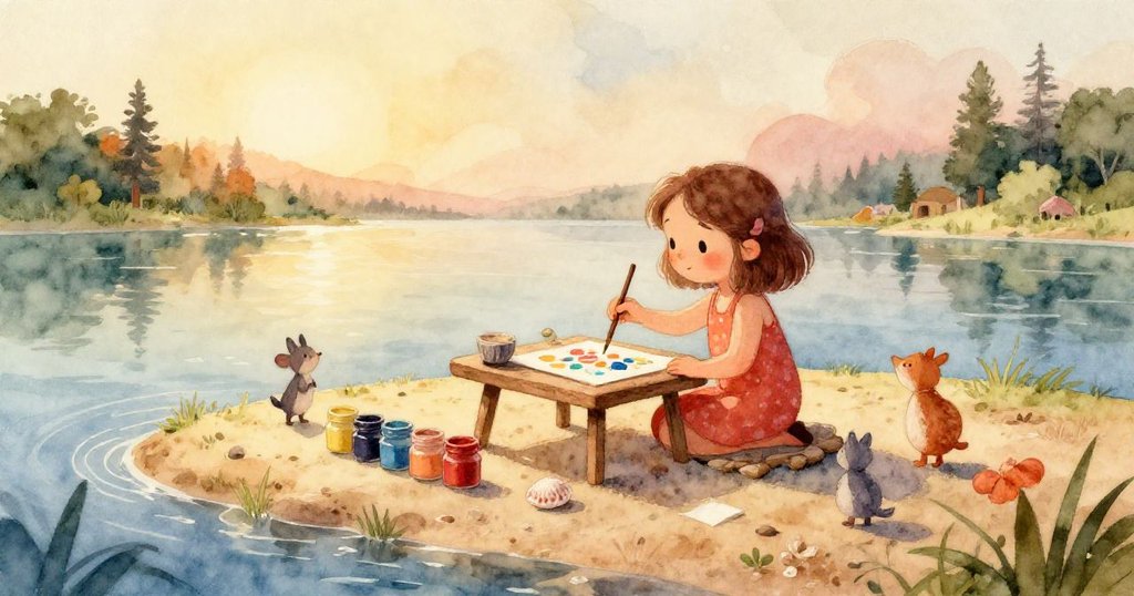 從鴕鳥視角看，觸及桌上顏料瓶，背景棕櫚樹間透出趣味，Ruby藝術準備中遭遇意外。