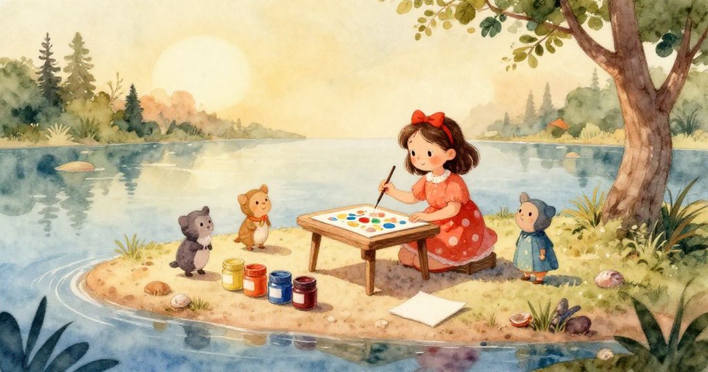 亮藍色顏料飛濺於木板上，流向沙地與水潭相遇，呈現出熱帶夕陽下的動感瞬間。