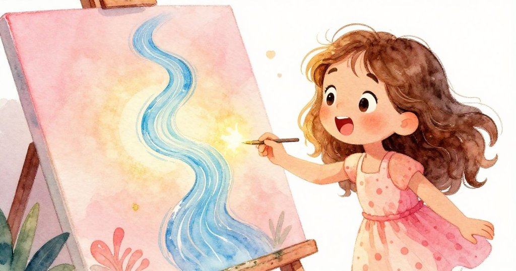 Ruby驚喜發現藍色顏料在畫布上形成蜿蜒河流，神情充滿驚奇與喜悅，揭開冒險新篇章。