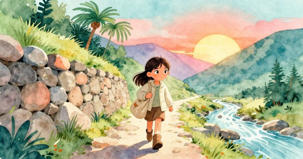 Eva 穿著輕便服裝，在山谷小徑上邁步前行，晨光照耀下她帶著充滿期待的畫布包，開始了她的冒險之旅。