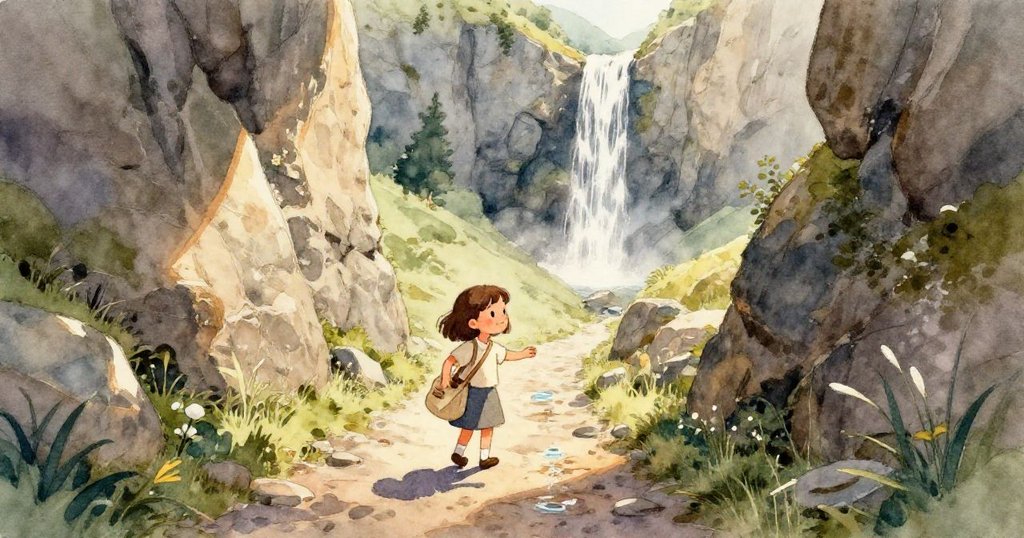 Eva 的手輕觸光滑岩石上的濕潤畫布包，細膩質感與閃爍水珠展現冒險初現轉折，充滿期待與關注。