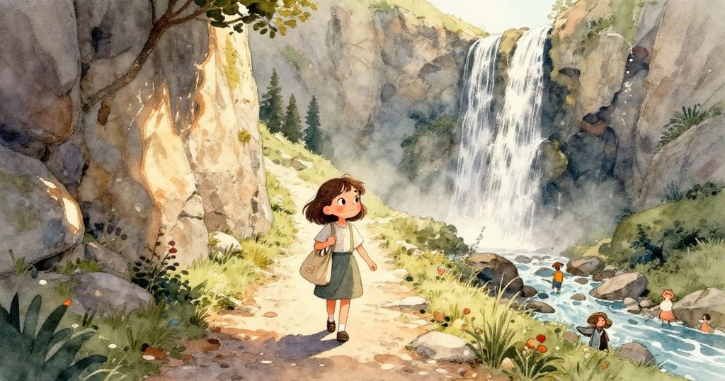 在瀑布湍急流水中，一隻銀魚在水中跳躍，水面上隱約見到猛鷹輪廓，展現出動感劇烈的轉折場景。