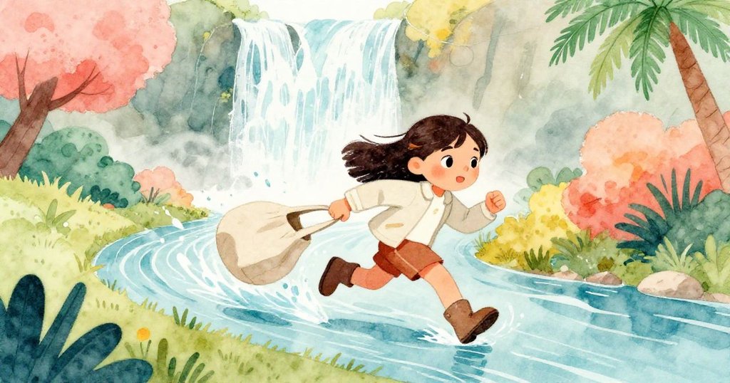 Eva 在激流邊飛奔追逐隨水漂流的畫布包，水花四濺、背景瀑布洶湧，展現出緊張刺激的追逐場景。