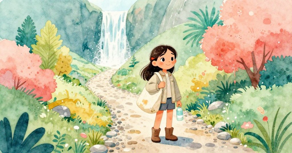 Eva 微笑著在卵石徑上前行，背著取回的畫布包並填滿水瓶，瀑布水霧輕拂，展現出冒險結束後的寧靜新起點。