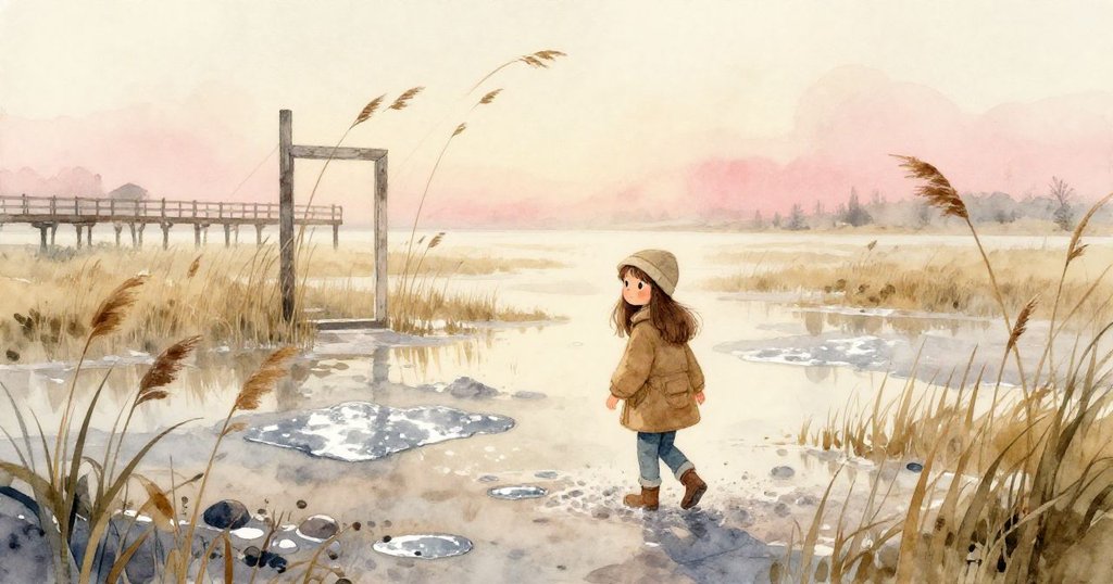 蕾娜在黎明初曦中走入鹽沼，輕步踏過濕潤泥濘，銀色水潭映射蘆葦門戶，展現冒險開端與自然奧秘。