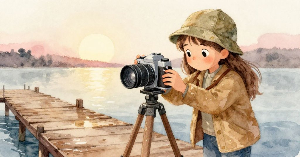 蕾娜專注調整老相機與三腳架，手部細節清晰，濕潤木板與晨光交織，展現準備捕捉歷史痕跡。