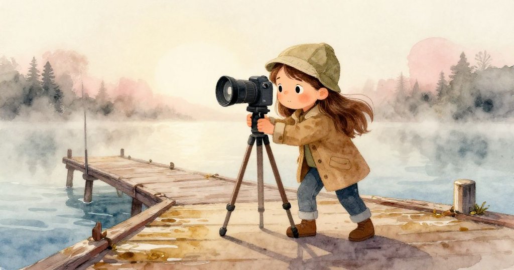 蕾娜面露專注與緊張，調整晃動的三腳架與相機，薄霧中呈現時間扭曲，展現冒險試煉。