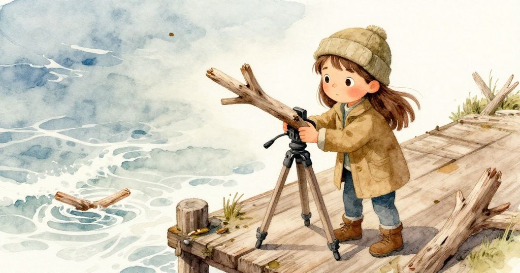 從高處視角看蕾娜用漂流木穩固三腳架，海潮湧近、漂木亂舞，突顯急迫與勇敢的動作。