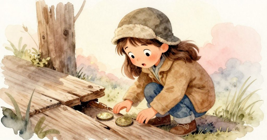 蕾娜蹲下驚喜發現木板縫隙中露出兩枚斑駁硬幣，溫柔觸碰古老痕跡，展現發現之美。