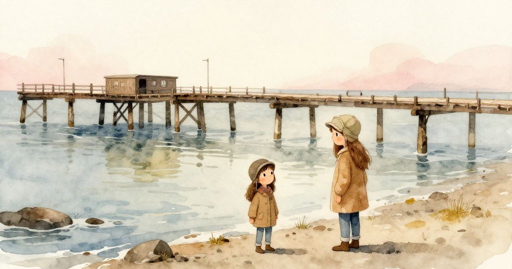 蕾娜站在廣闊三角洲中，面對漸退海水與老舊碼頭，心懷平靜與敬畏，展現冒險尾聲與自然偉力。