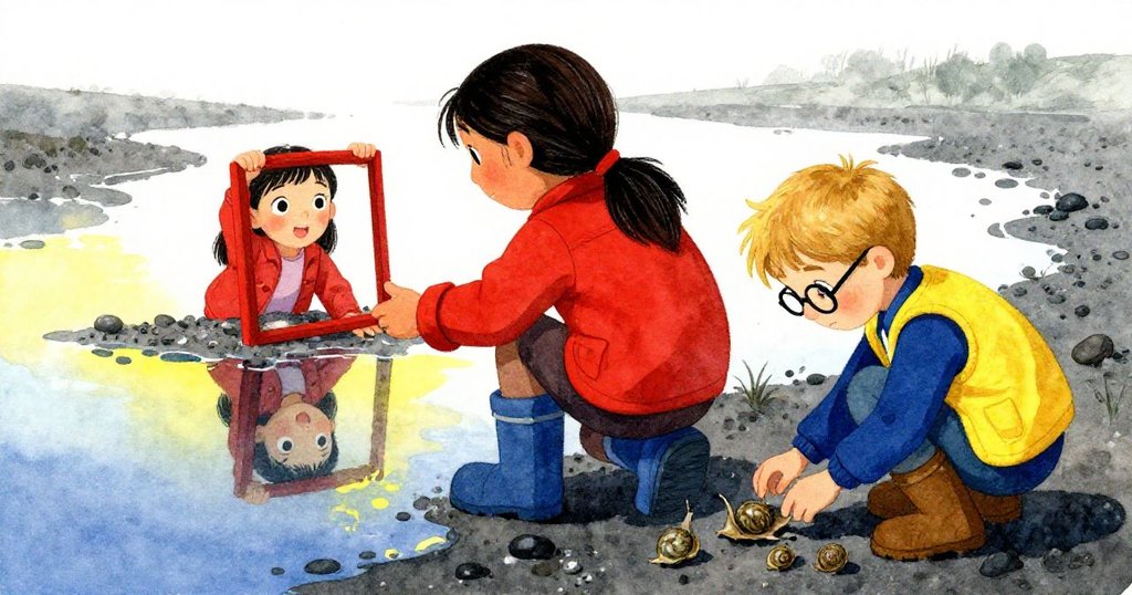 Mira與Felix各自操作三腳架，Mira拍攝倒影，Felix俯身檢查石上蝸牛，兩種活動並排展現自然生機。