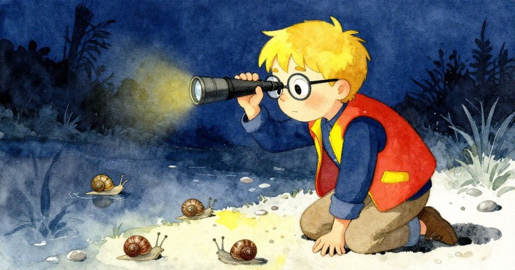 Felix蹲在窄溝旁調整觀察鏡，低角度展現決心，眼神專注，背景有石子與蝸牛細節，光影強烈。