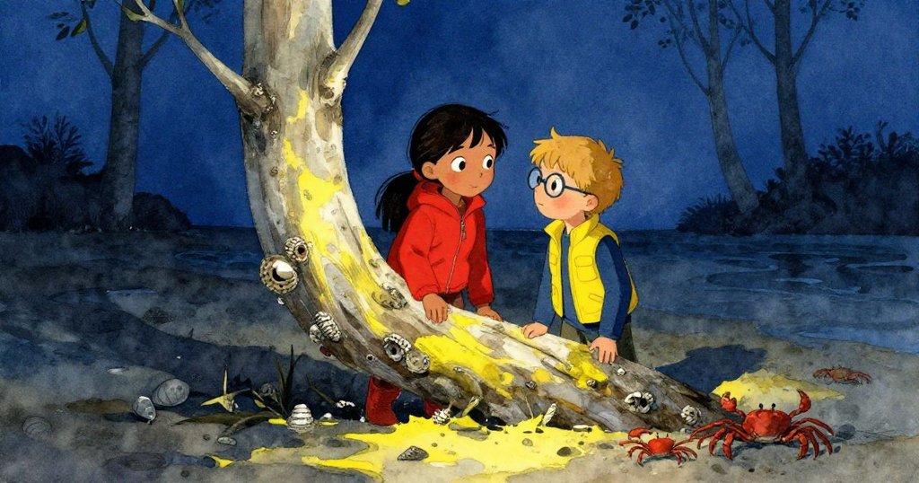 Mira與Felix緩步接近一根扭曲的白樺樹樹幹，樹上有藤壺和小蟹，兩人神情既好奇又審慎，海潮將至。