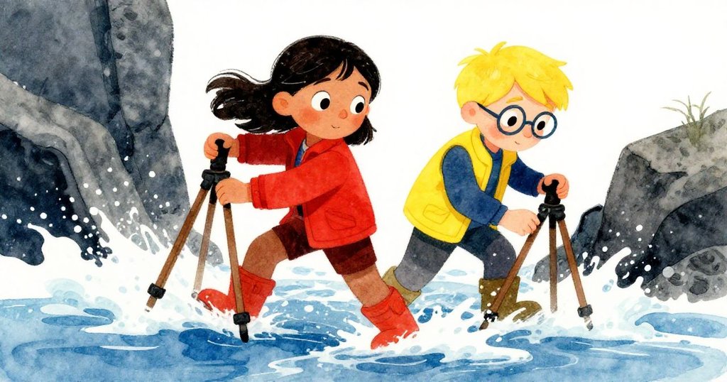 隨著海潮回流，Mira與Felix急忙後退調整三腳架，背景海水激盪、泡沫飛揚，兩人動作活躍充滿急迫感。