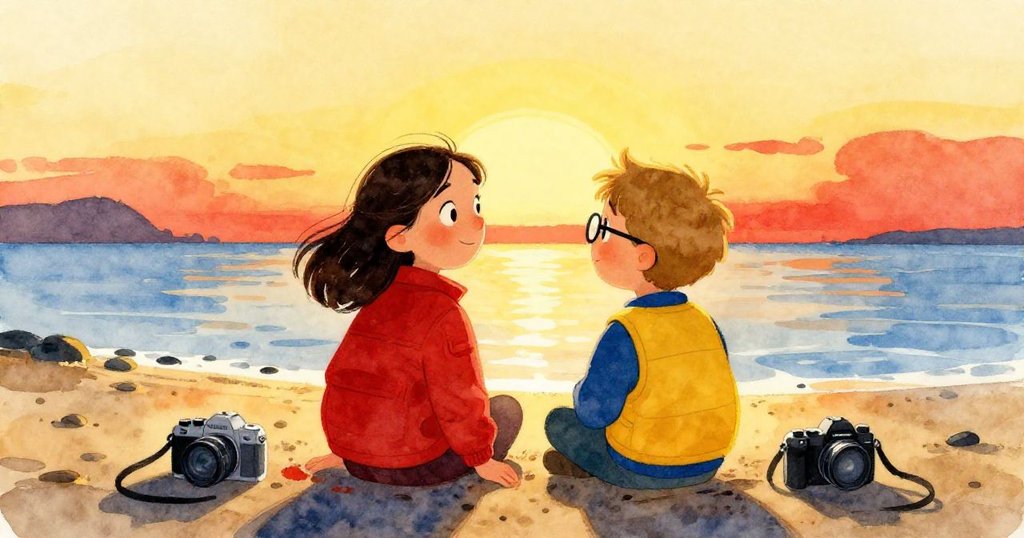 在金色夕陽的映照下，Mira與Felix臉上洋溢著滿足微笑，兩台相機靜臥在結實沙地上，海潮靜靜退去。