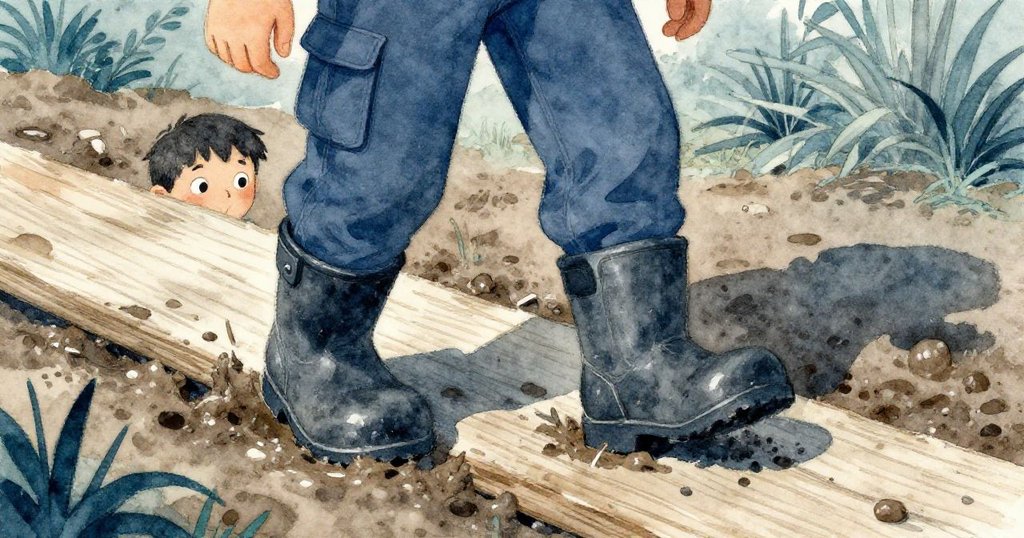 米洛穿著耐磨靴子在濕滑泥地上踏步，木板與泥濘相觸，步伐堅定展現戶外探險堅韌精神。