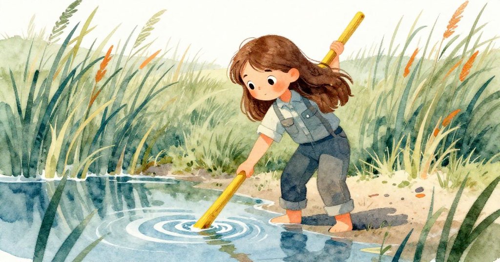 克拉拉在蘆葦叢中用木桿觸探水深，低角度展現驚訝與堅毅的表情，與濕潤沼澤互動。