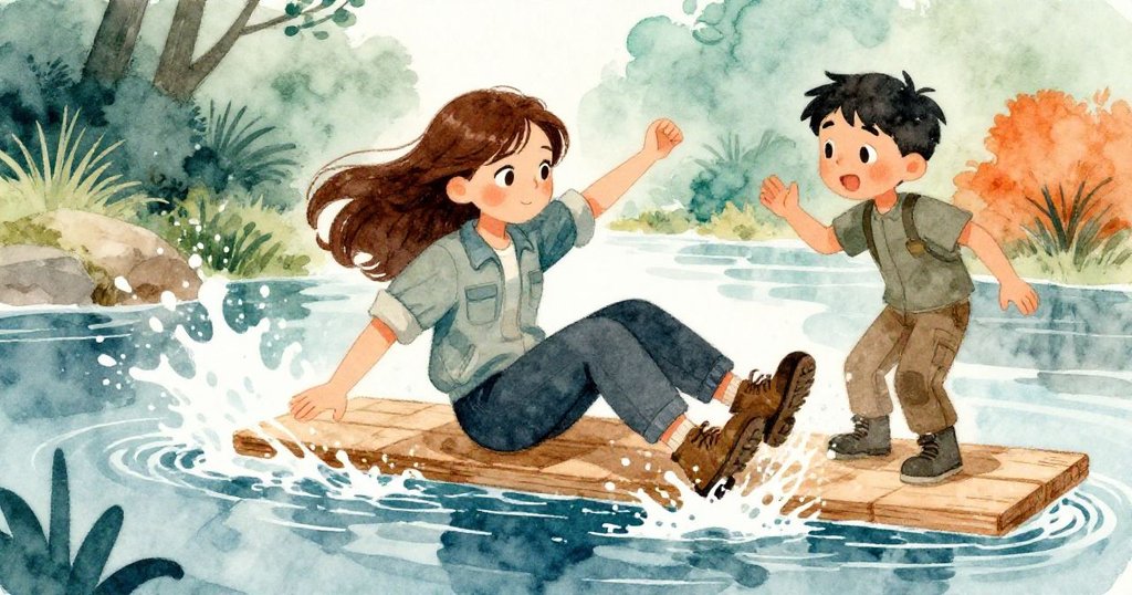 克拉拉在濕泥中滑倒，水花與泥濘四濺，米洛側身急救，展示大自然不可預測與動感場面。