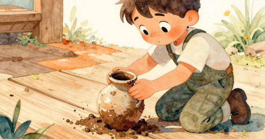 米洛跪於木板上，專注扶持破損陶罐，細膩動作表現出溫柔與堅定的決斷，背景沼澤靜謐。