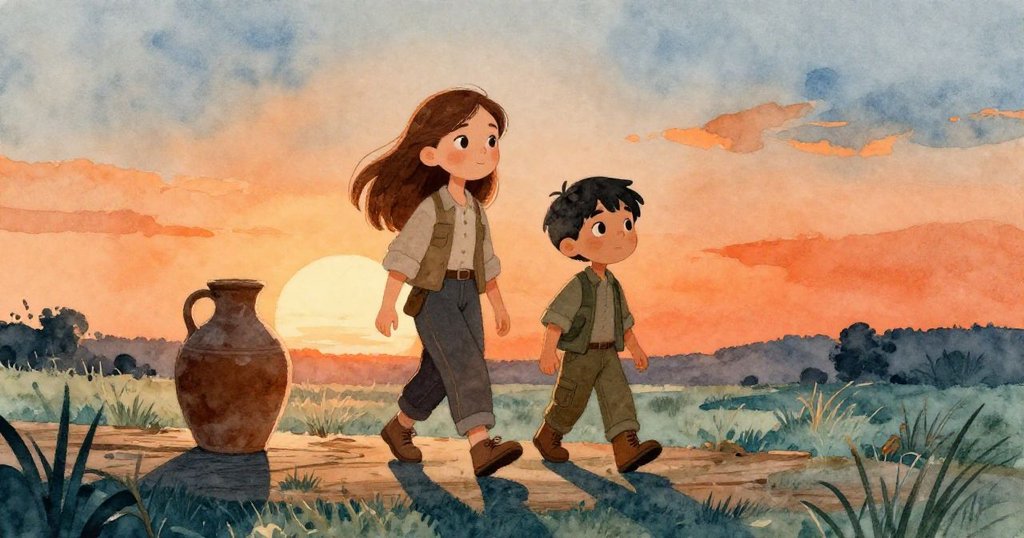 克拉拉與米洛於夕陽中退向穩固地面，木板上陶罐穩立閃光，溫暖與寧靜的結局展現探險收獲。